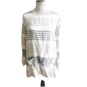 Toofan Linen Tunic Size Large Front Pockets Striped Crew Neck Neutral Colors
